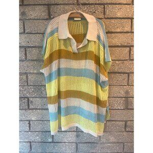Maeve By Anthropologie Womens Open-Knit Striped Polo Sweater Top In Yellow/Blue/